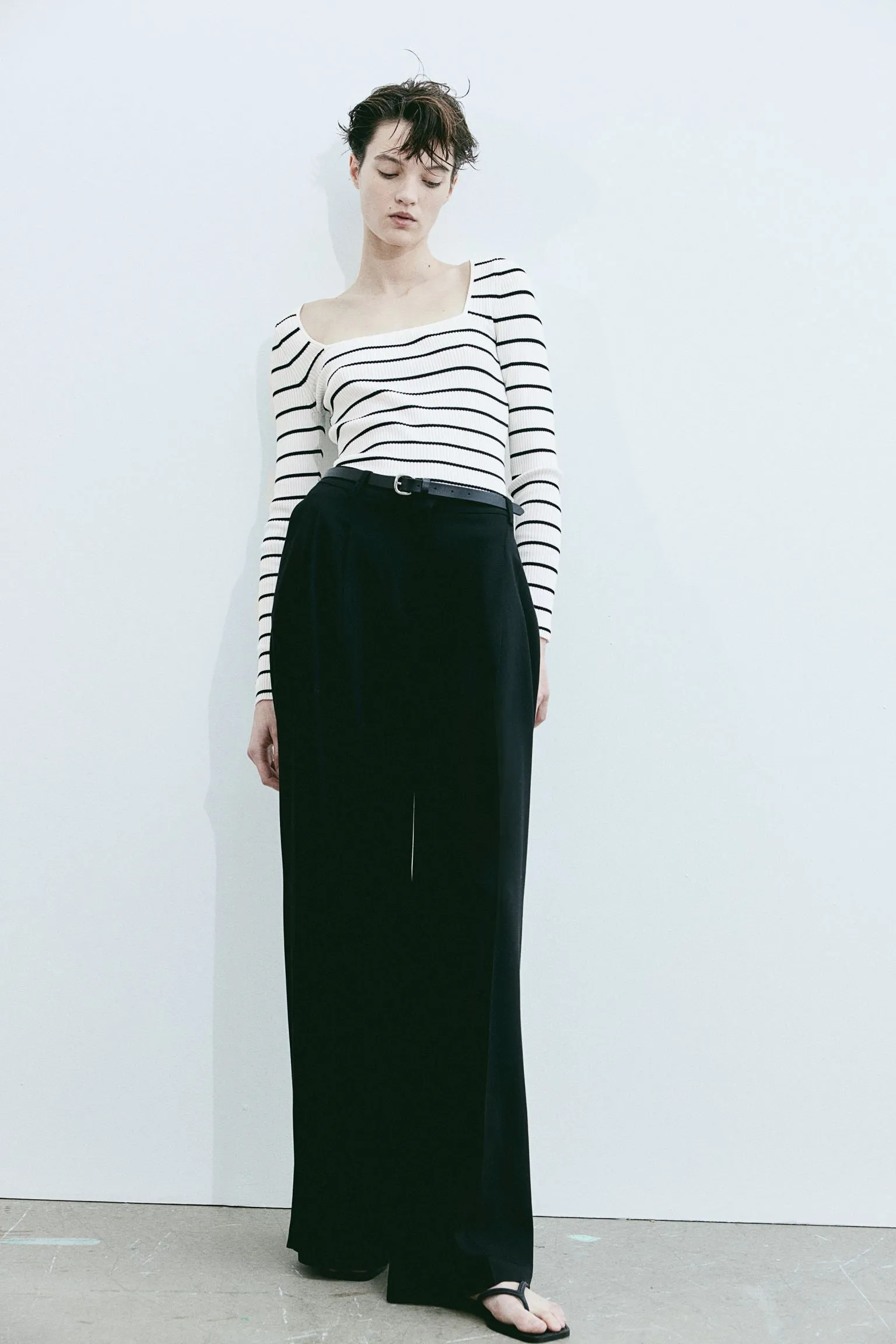 Long sleeve H&M Square-neck Rib-knit, white/black