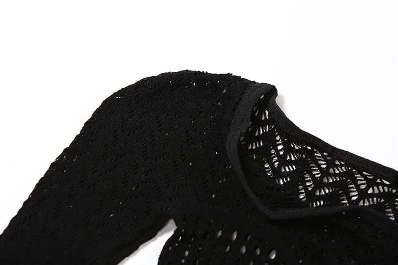 Long sleeve hollow out solid fishnet see through jumpsuit - Final Sale
