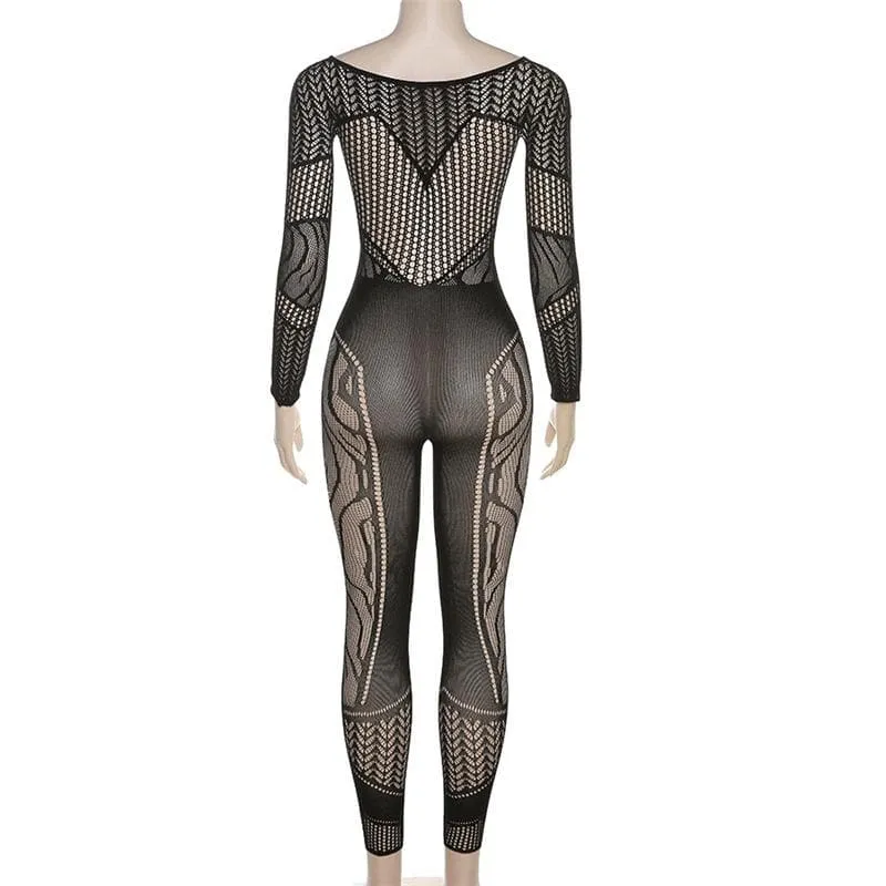 Long sleeve hollow out solid fishnet see through jumpsuit - Final Sale