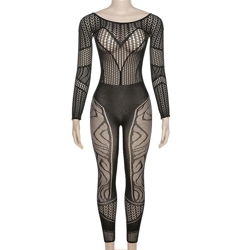 Long sleeve hollow out solid fishnet see through jumpsuit - Final Sale