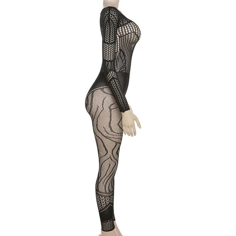 Long sleeve hollow out solid fishnet see through jumpsuit - Final Sale
