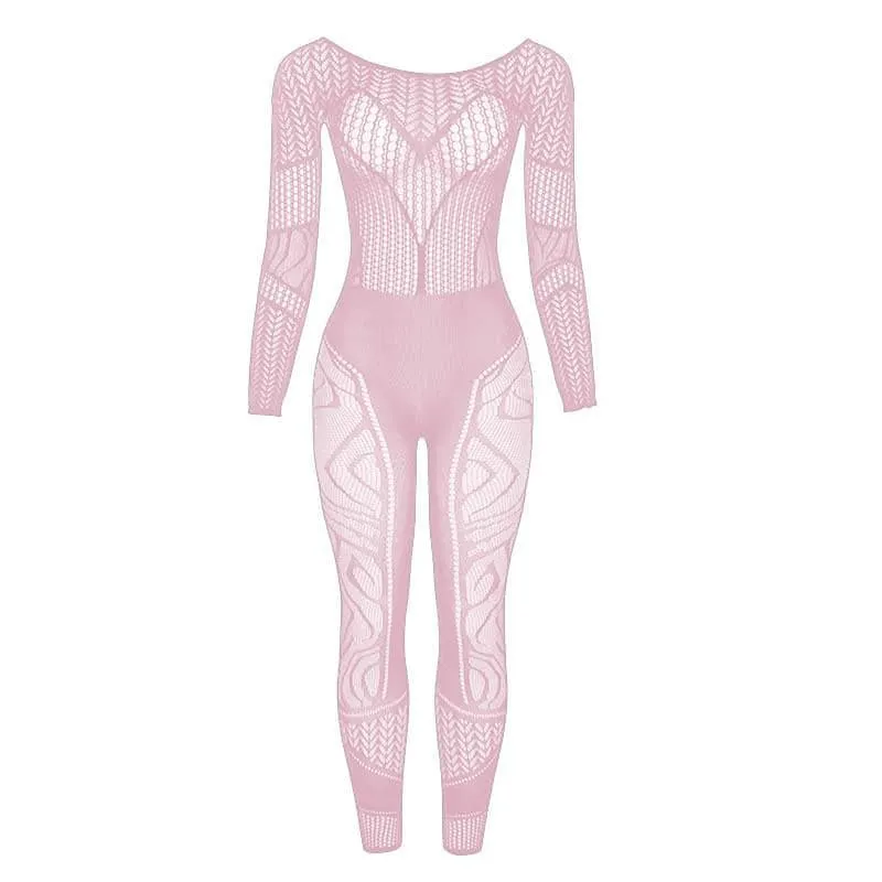 Long sleeve hollow out solid fishnet see through jumpsuit - Final Sale