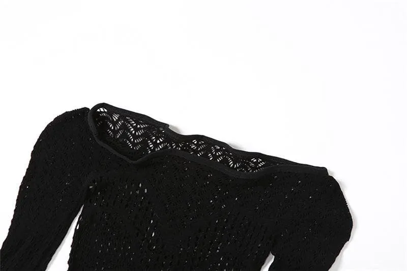 Long sleeve hollow out solid fishnet see through jumpsuit - Final Sale