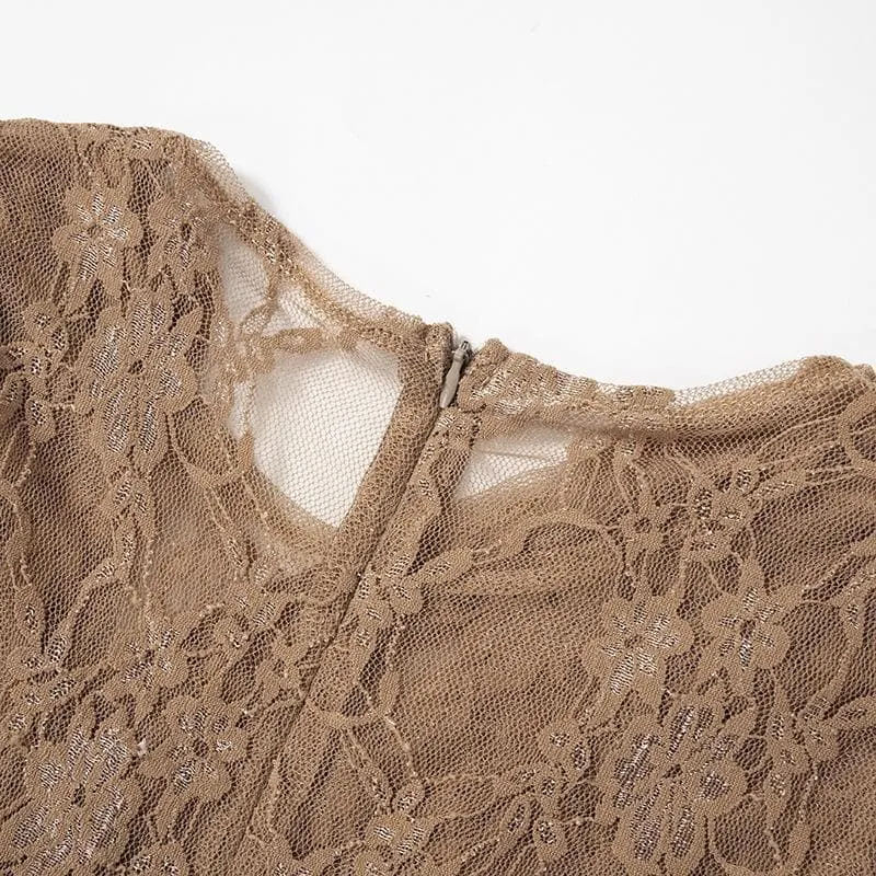 Long sleeve ruched lace zip-up see through 2 piece jumpsuit