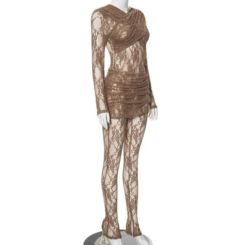 Long sleeve ruched lace zip-up see through 2 piece jumpsuit