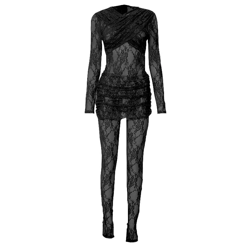 Long sleeve ruched lace zip-up see through 2 piece jumpsuit