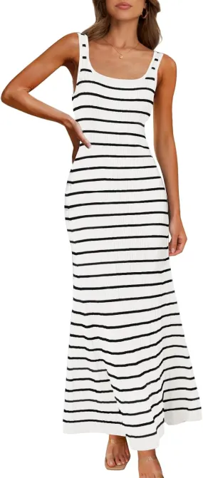 MEROKEETY Women's 2025 Sleeveless Summer Tank Dress Striped Bodycon Maxi Dress Square Neck Ribbed Knitted Sundress