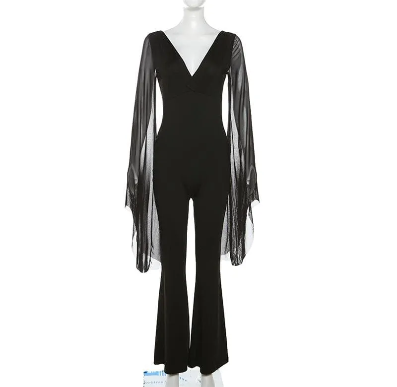 Mesh long flared sleeve v neck solid backless jumpsuit