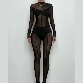 Mesh patchwork zip-up solid long sleeve jumpsuit
