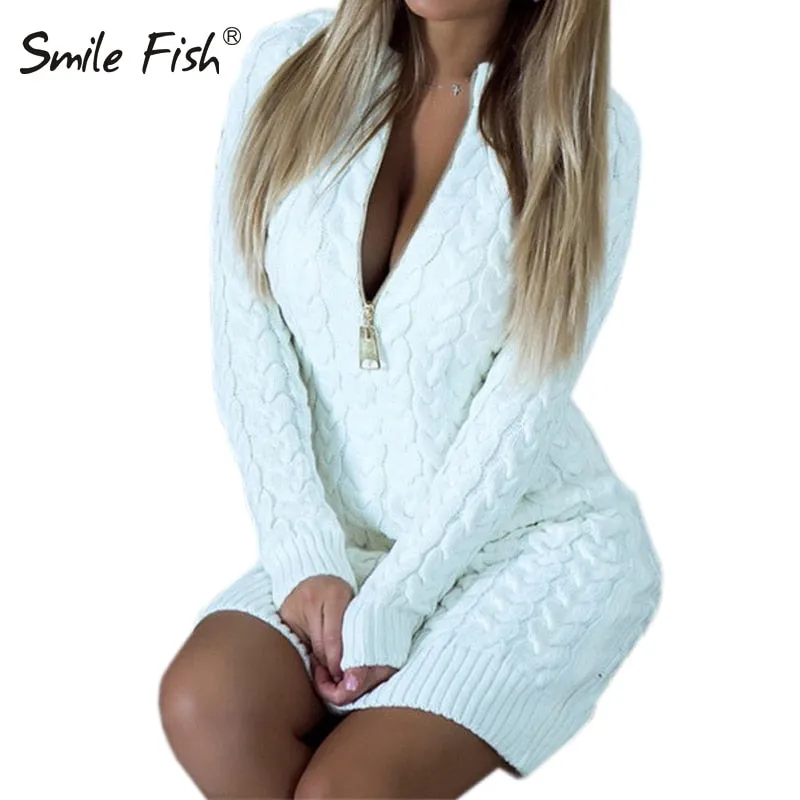 Mini Fashion Zip-up Zipper 2018 Autumn Winter Sweater Dress Sexy V Neck Knit Dresses Warm Bodycon Women Dress New GV101