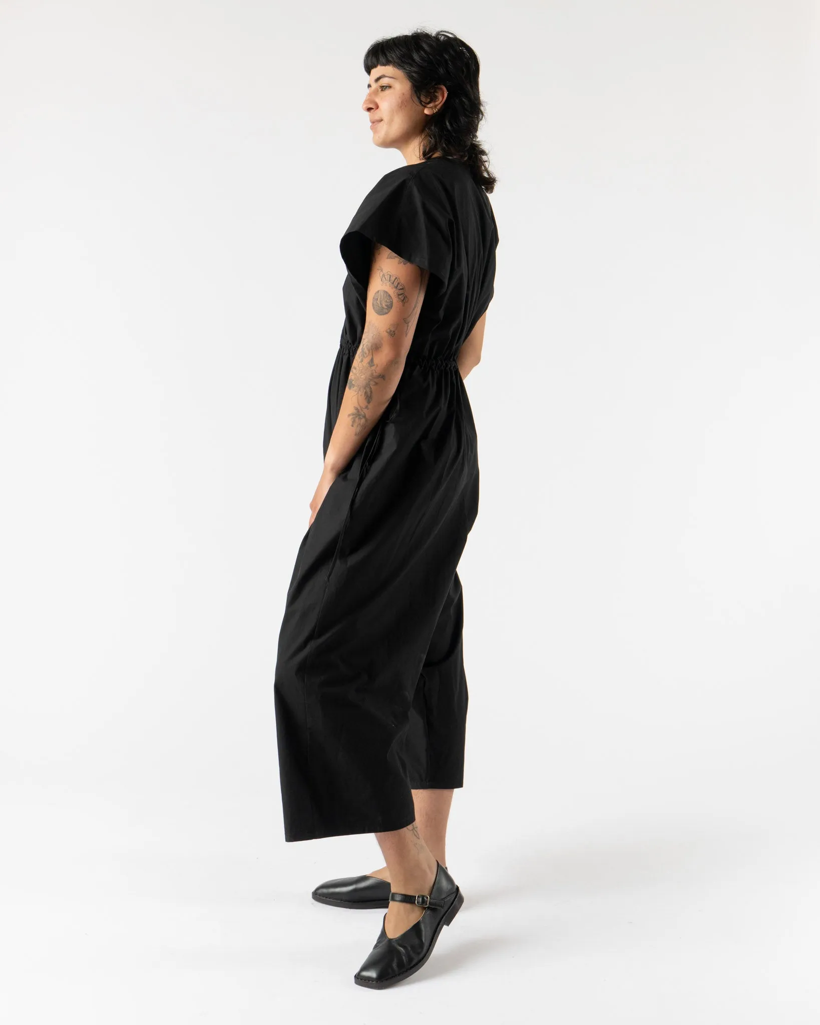 Modern Weaving Tie Side Balloon Jumpsuit in Black Parchment Poplin