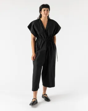 Modern Weaving Tie Side Balloon Jumpsuit in Black Parchment Poplin