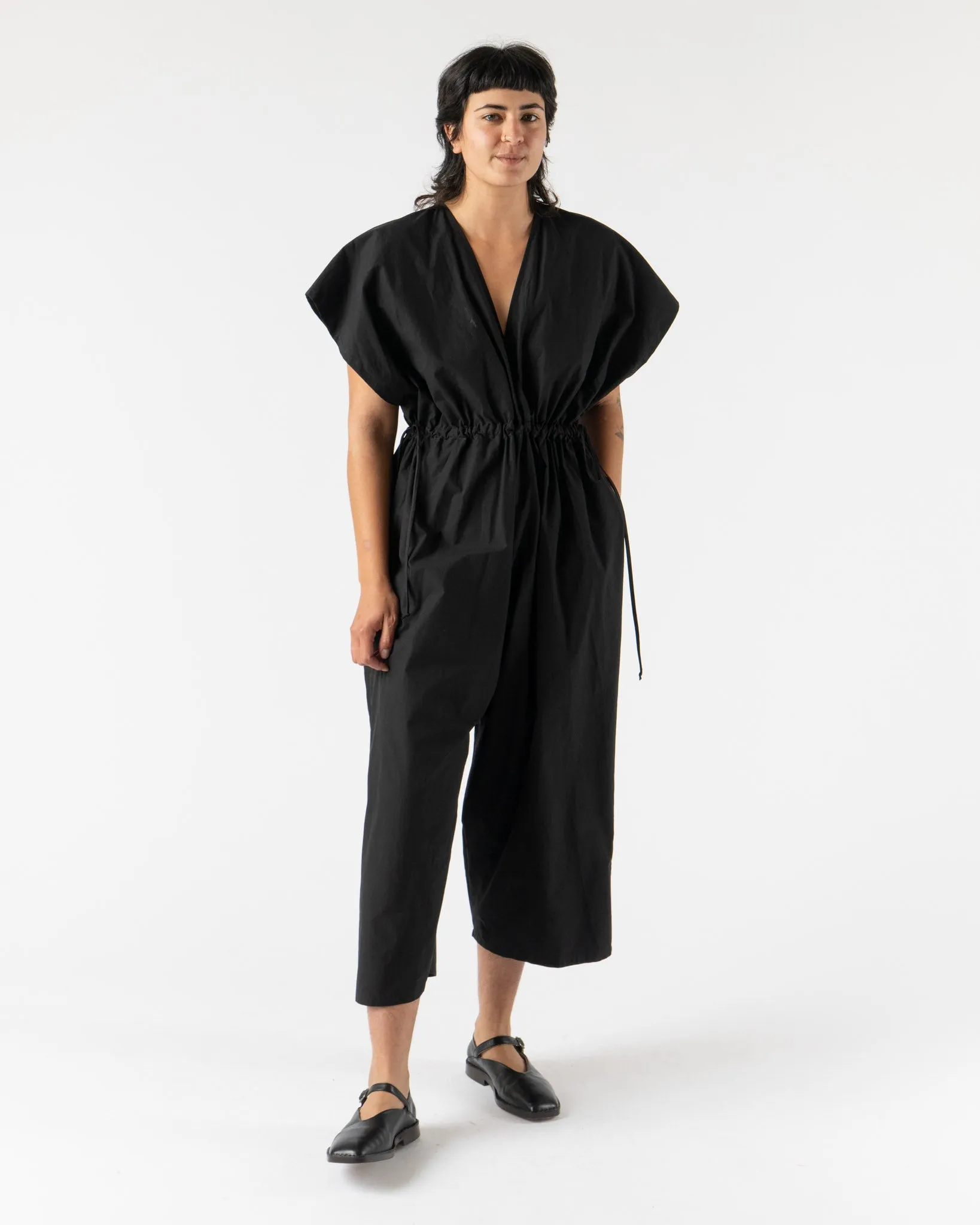 Modern Weaving Tie Side Balloon Jumpsuit in Black Parchment Poplin