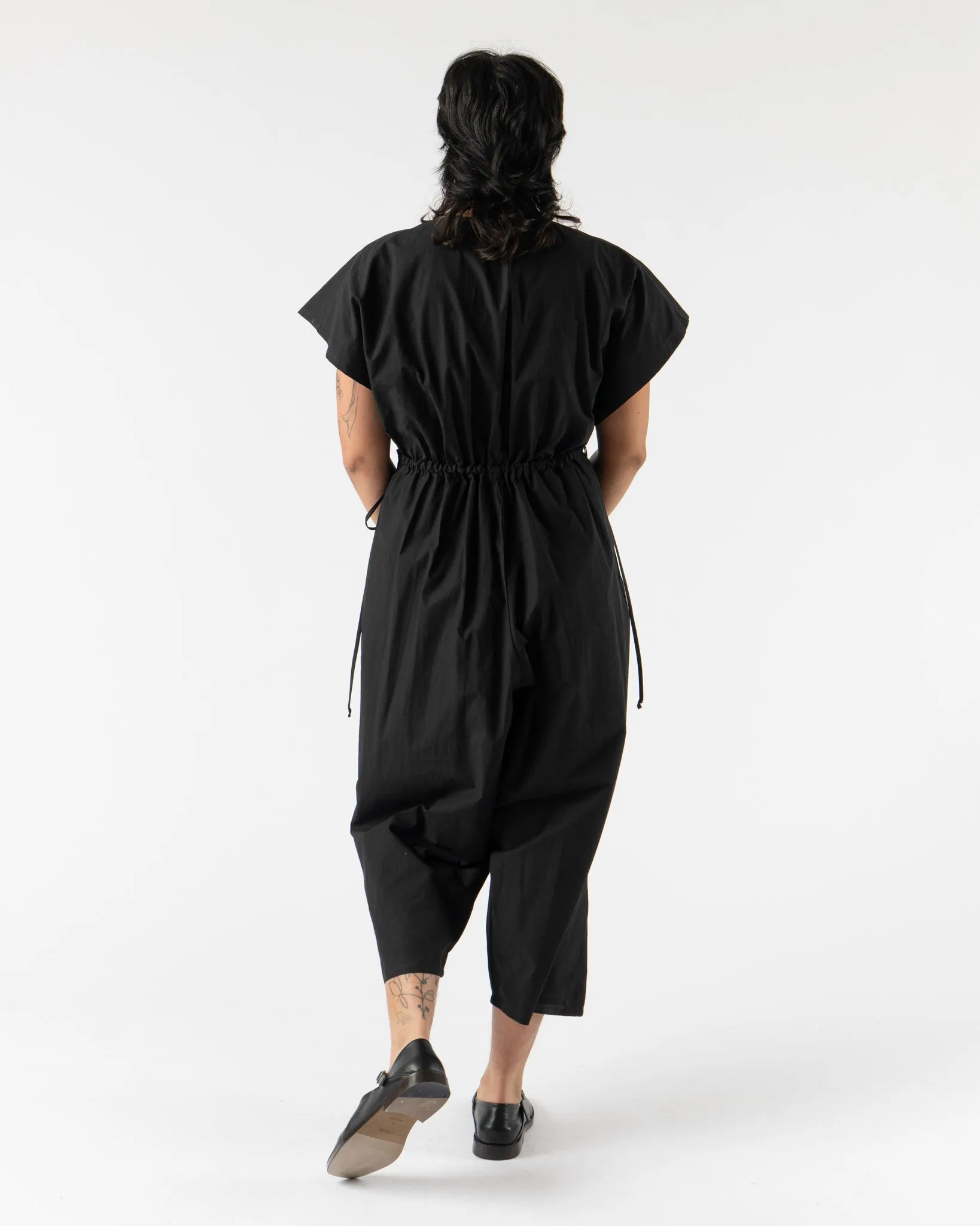 Modern Weaving Tie Side Balloon Jumpsuit in Black Parchment Poplin