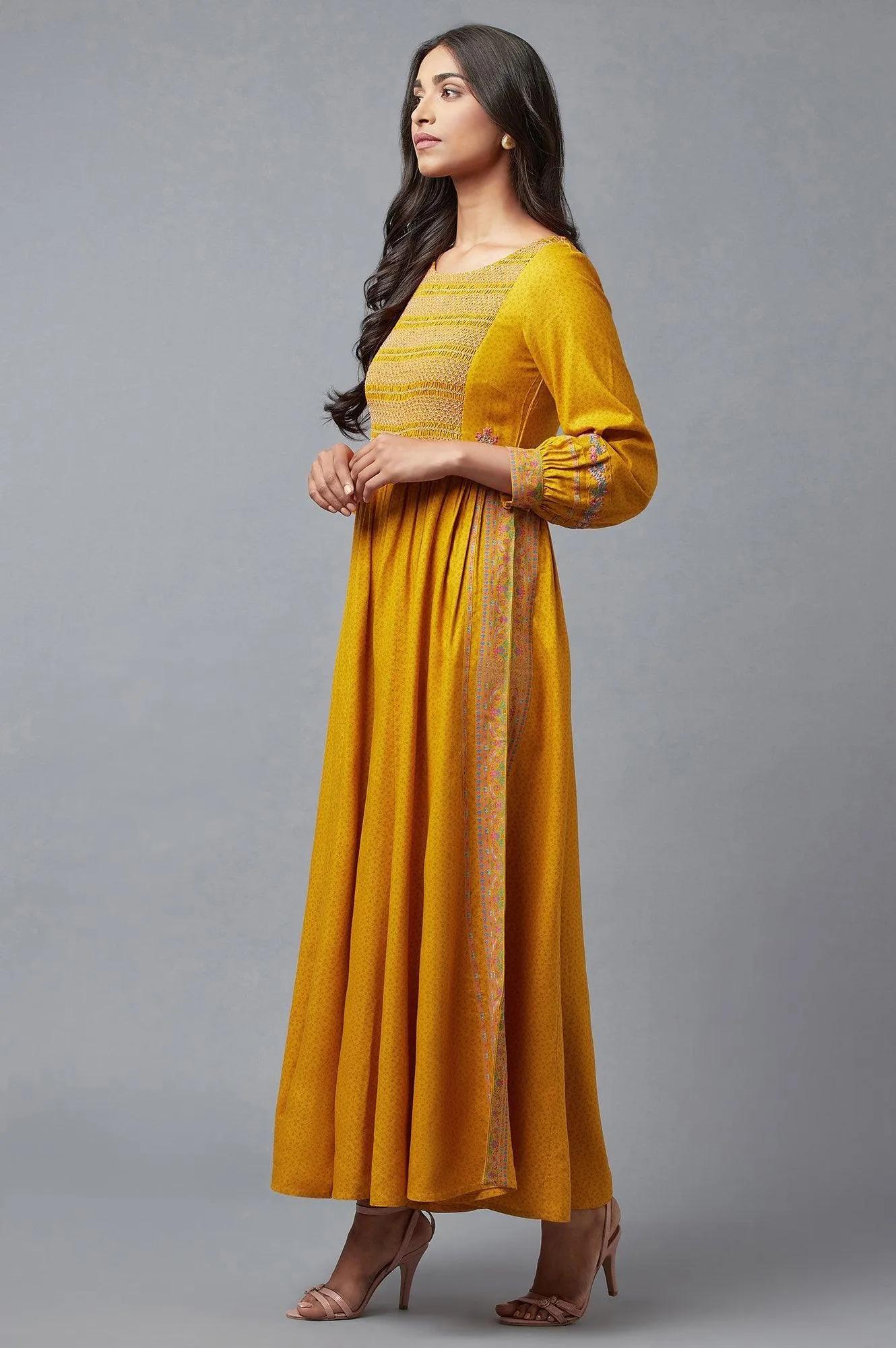 Mustard Yellow Smocked Yoke Jumpsuit With Embroidery