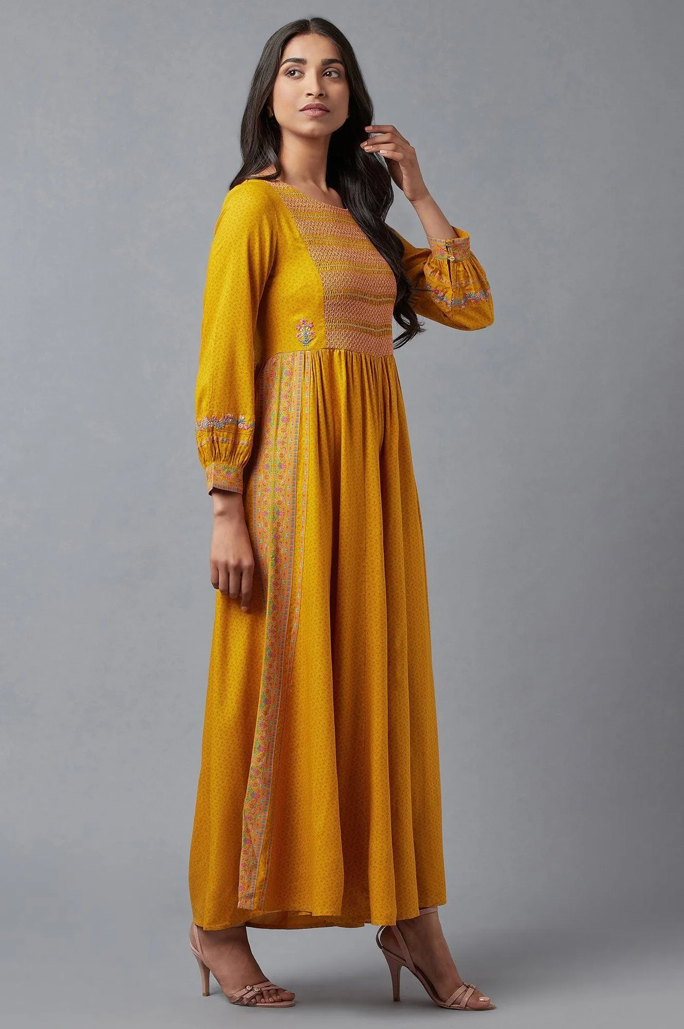 Mustard Yellow Smocked Yoke Jumpsuit With Embroidery