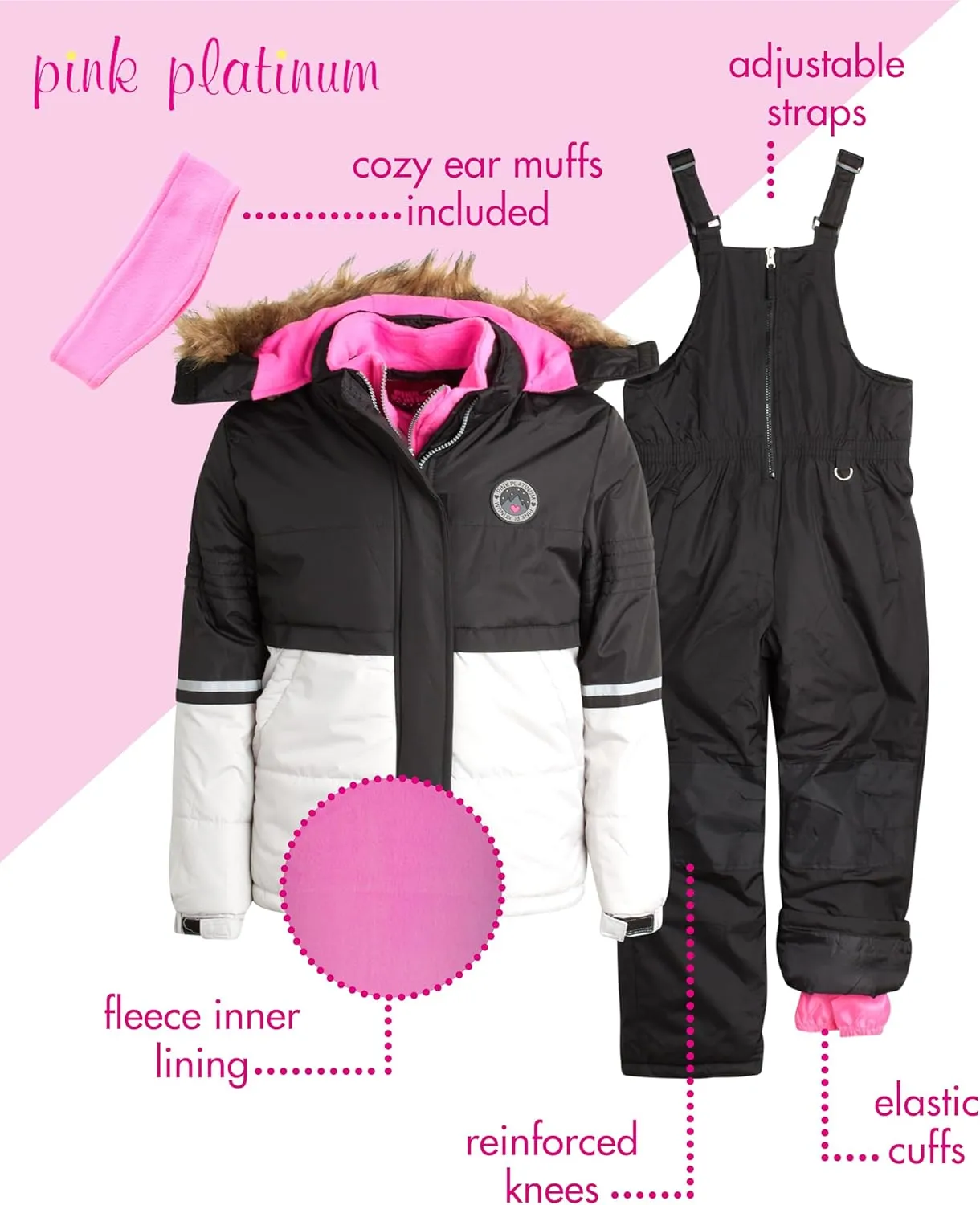 Pink Platinum Girls' Snowsuit - Water Resistant Winter Jacket and Ski Bib Overalls (2T-16)