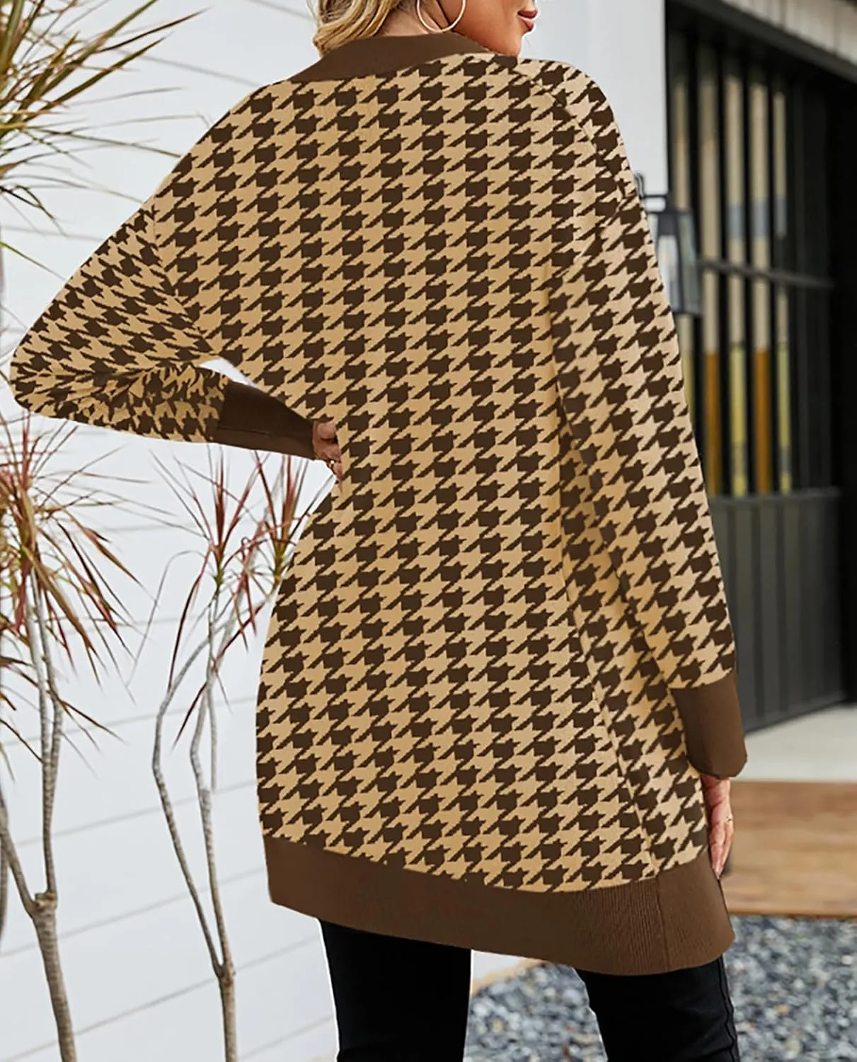 Pink Queen 2024 Fall Long Cardigan for Women Long Sleeve Open Front Button V Neck Houndstooth Cardigans Sweaters Dress