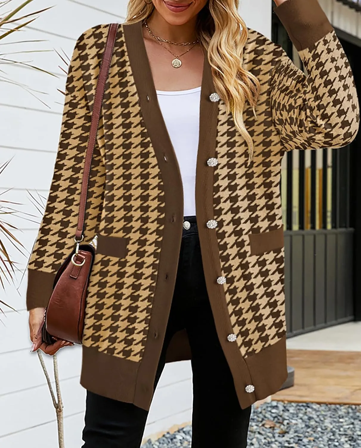Pink Queen 2024 Fall Long Cardigan for Women Long Sleeve Open Front Button V Neck Houndstooth Cardigans Sweaters Dress