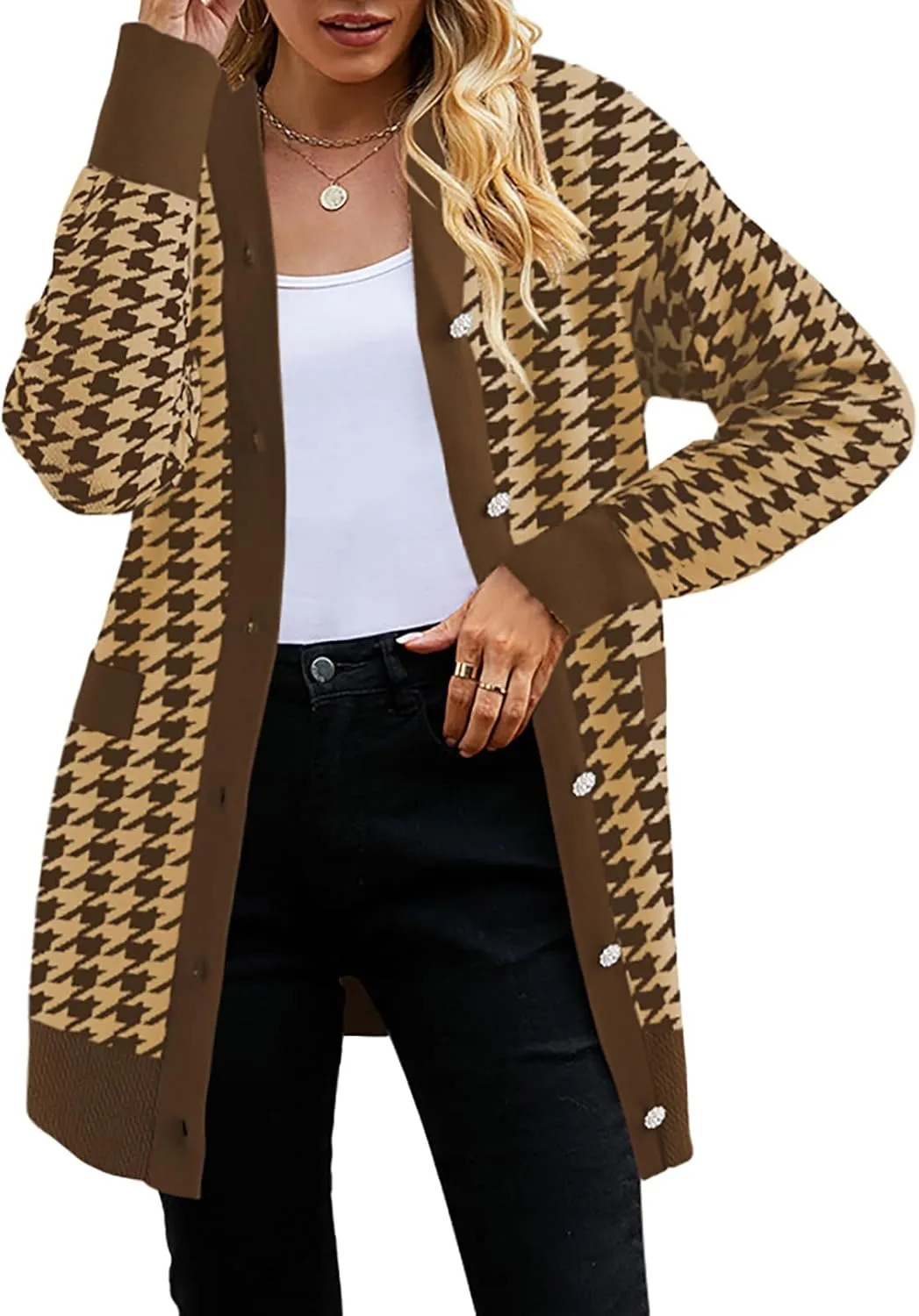 Pink Queen 2024 Fall Long Cardigan for Women Long Sleeve Open Front Button V Neck Houndstooth Cardigans Sweaters Dress