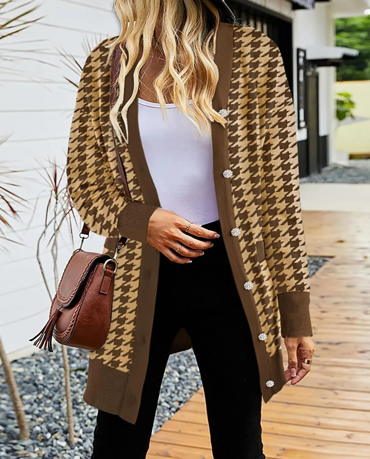 Pink Queen 2024 Fall Long Cardigan for Women Long Sleeve Open Front Button V Neck Houndstooth Cardigans Sweaters Dress