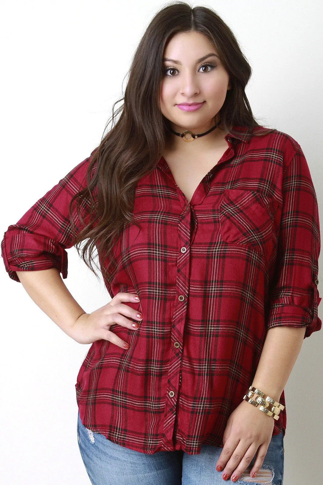 Plaid Button-Up Tab Long Sleeves Top