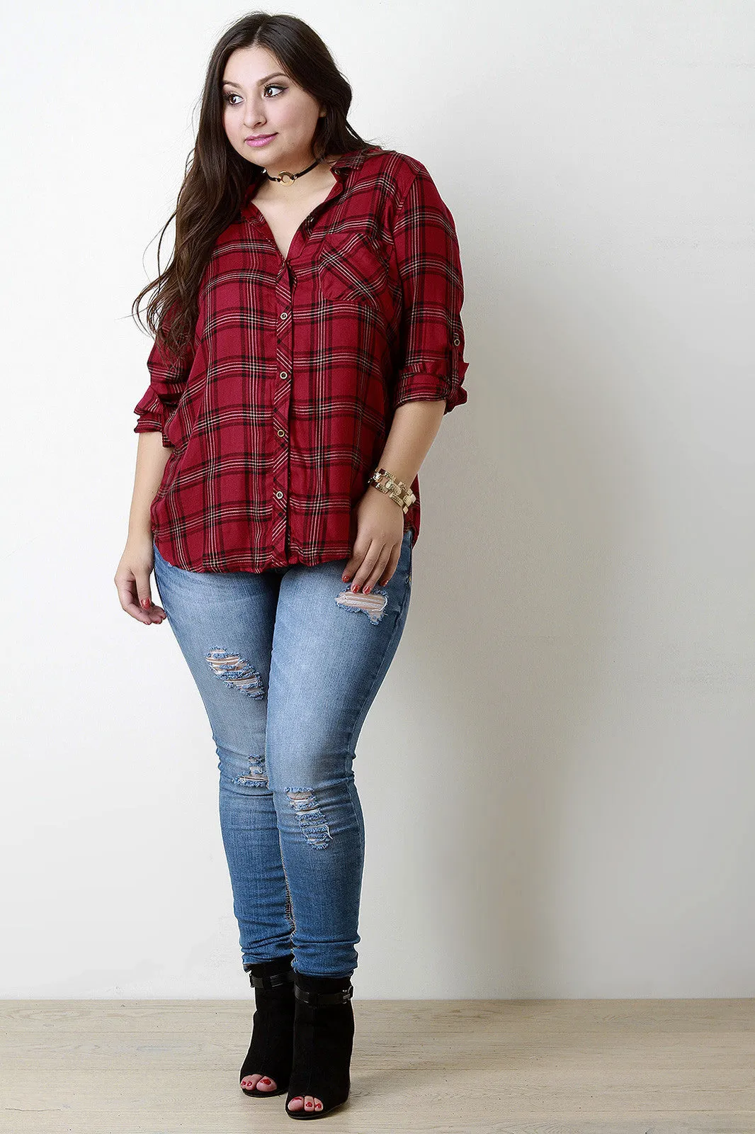Plaid Button-Up Tab Long Sleeves Top