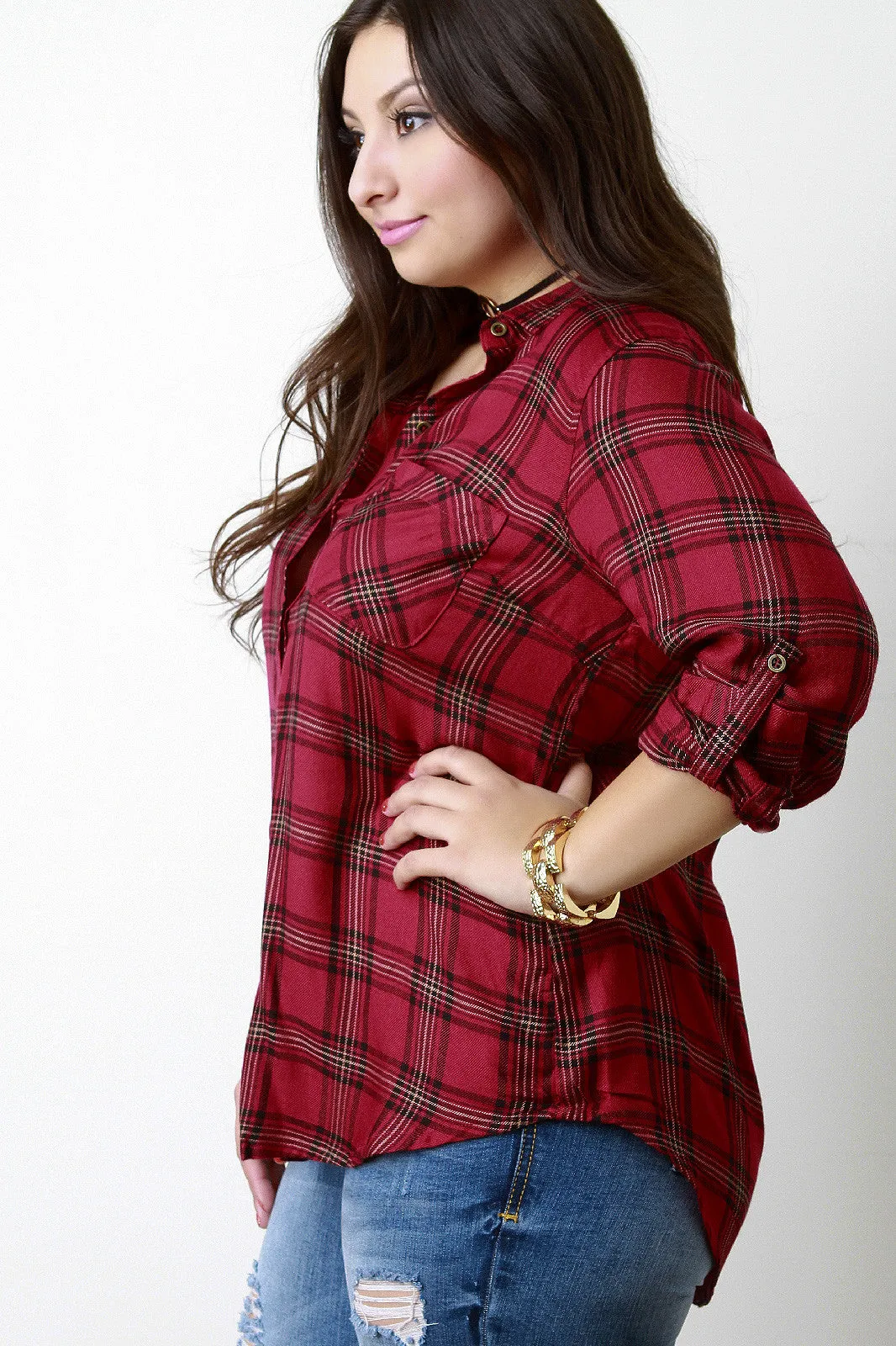 Plaid Button-Up Tab Long Sleeves Top