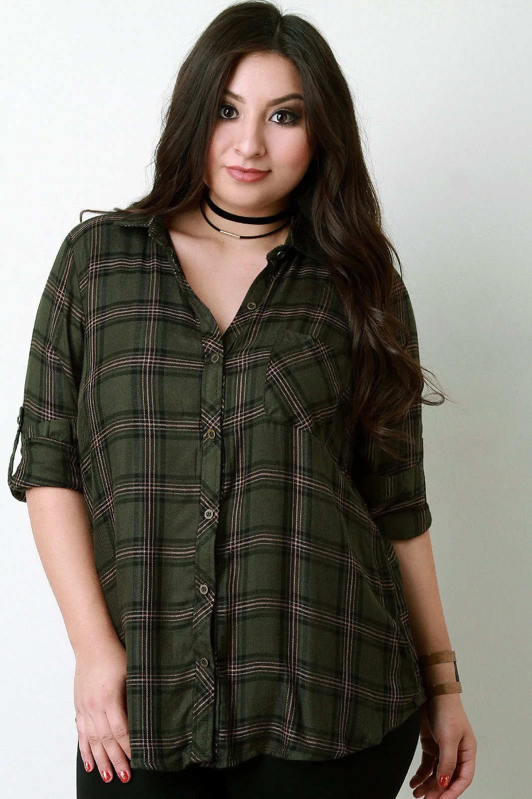 Plaid Button-Up Tab Long Sleeves Top