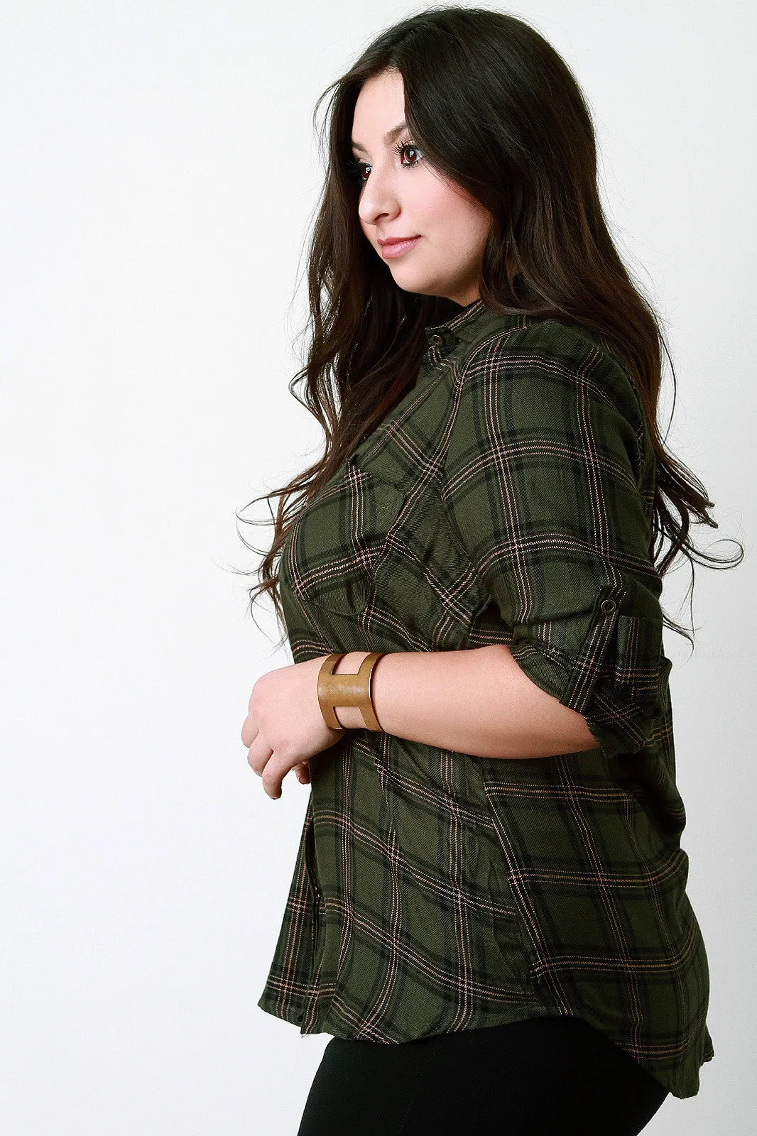 Plaid Button-Up Tab Long Sleeves Top
