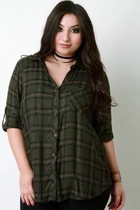 Plaid Button-Up Tab Long Sleeves Top