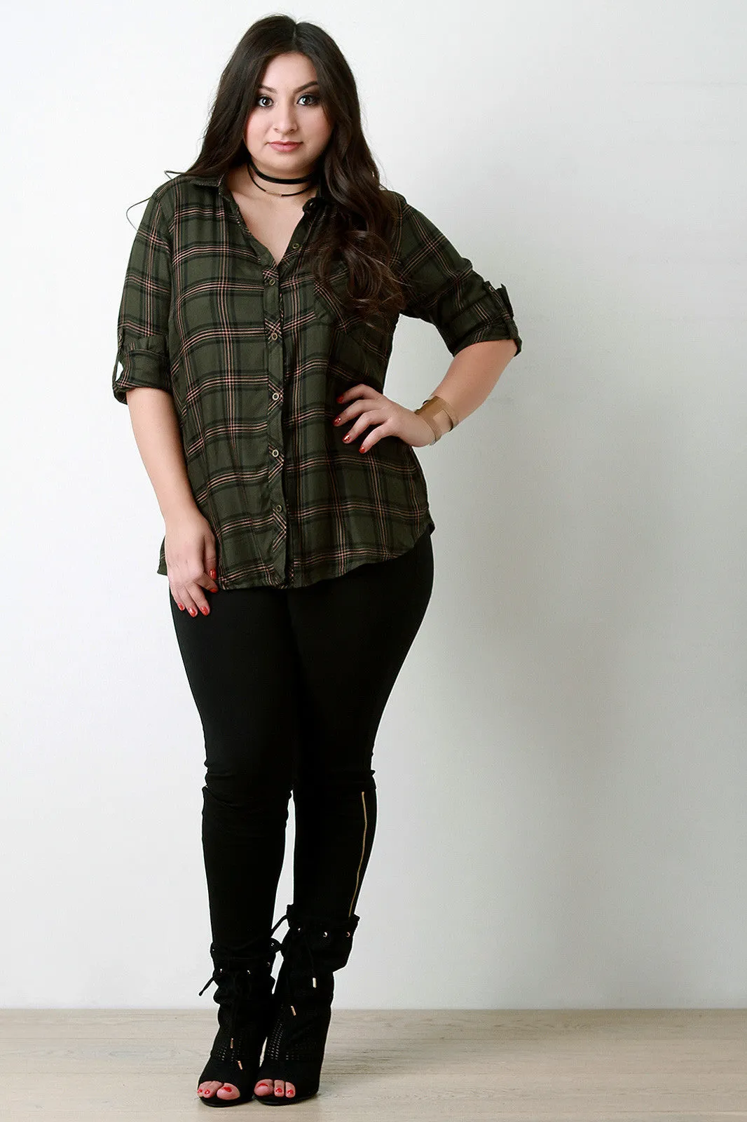 Plaid Button-Up Tab Long Sleeves Top