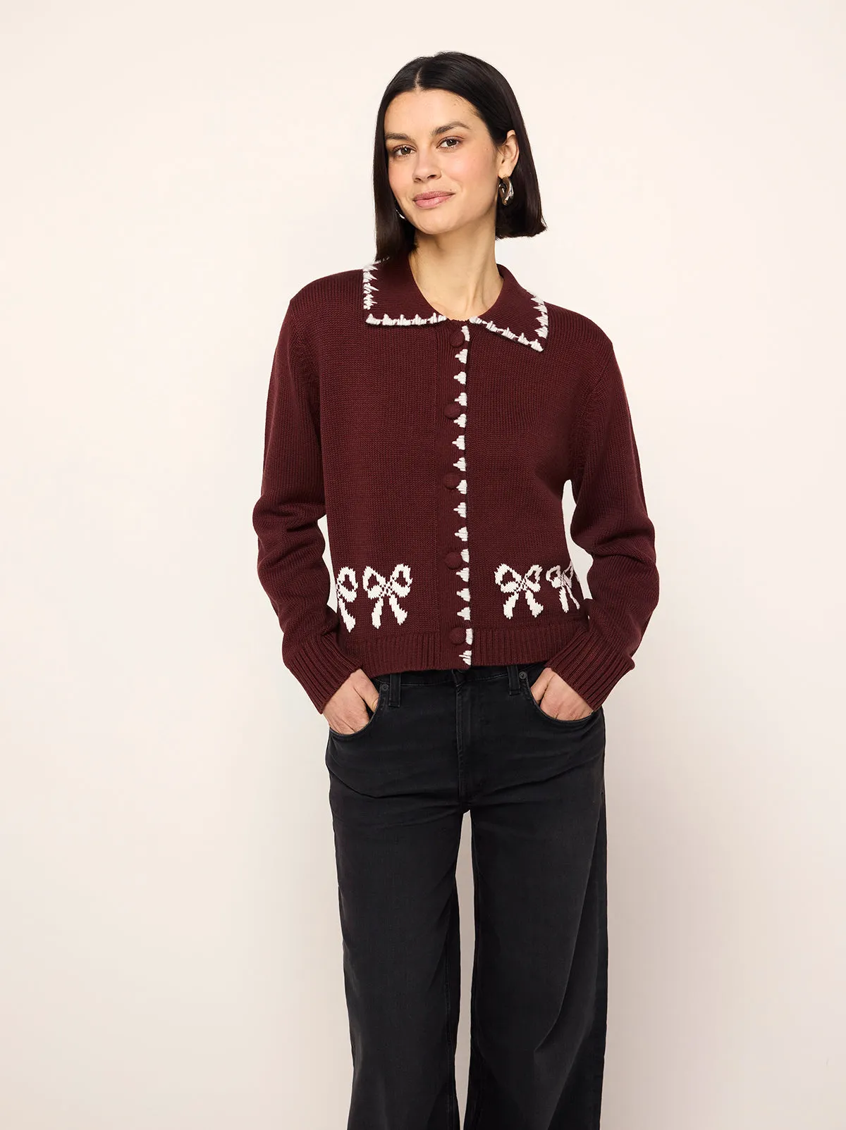 Polly Burgundy Bow Knit Cardigan