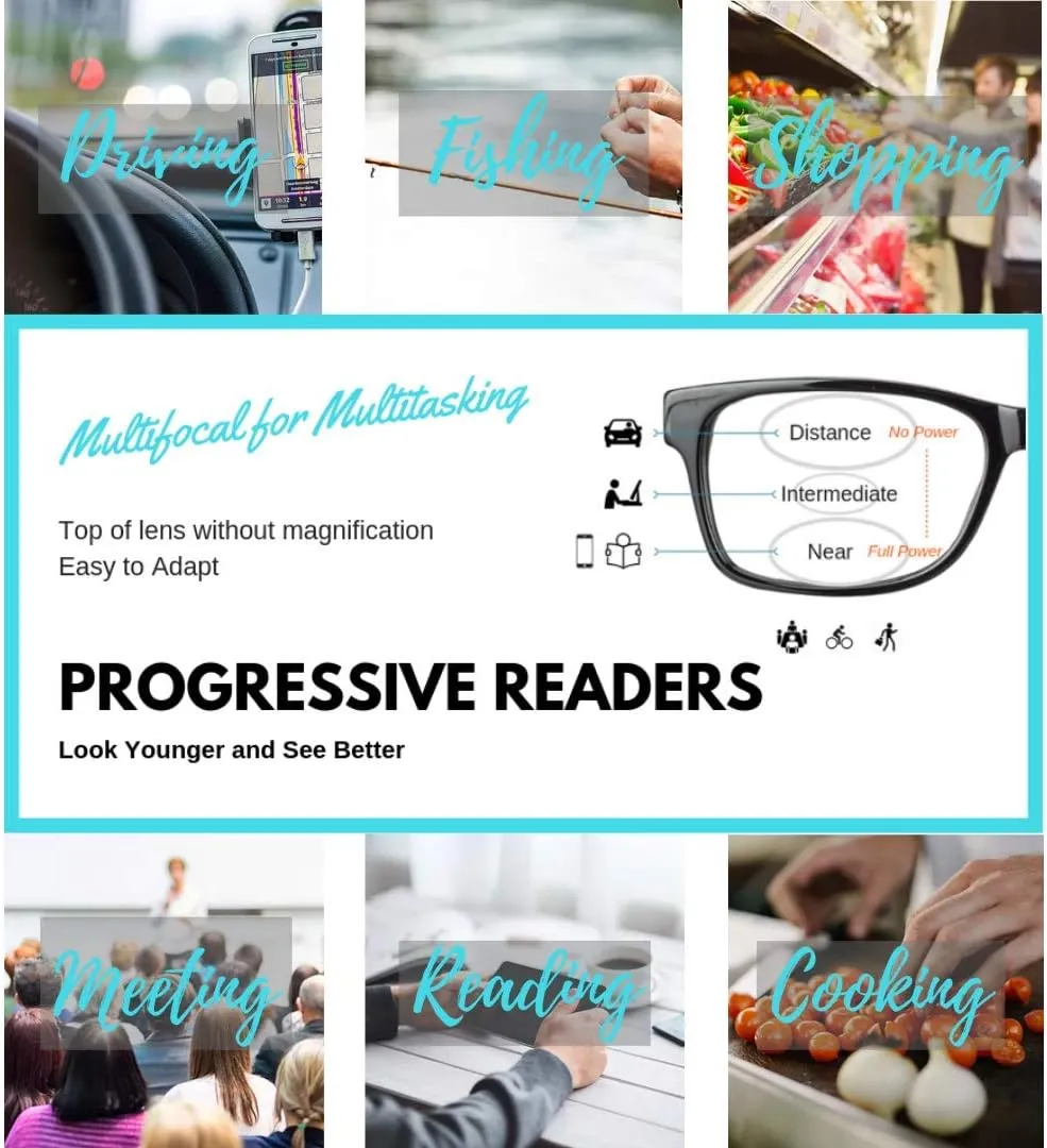 ProEyes Concord, Big Men Progressive Blue Light Blocking Readers, Anti-Reflective, 0 Power on Top Lens