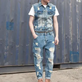 Removable Zipper Waist Ripped Jeans Jumpsuit