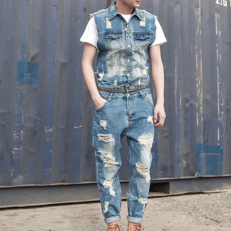 Removable Zipper Waist Ripped Jeans Jumpsuit