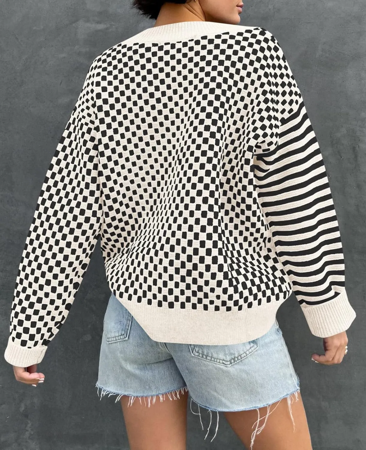 Saodimallsu Womens Checkered Striped Sweater V Neck Long Sleeve 2024 Fall Trendy Loose Knit Cozy Pullover Tops