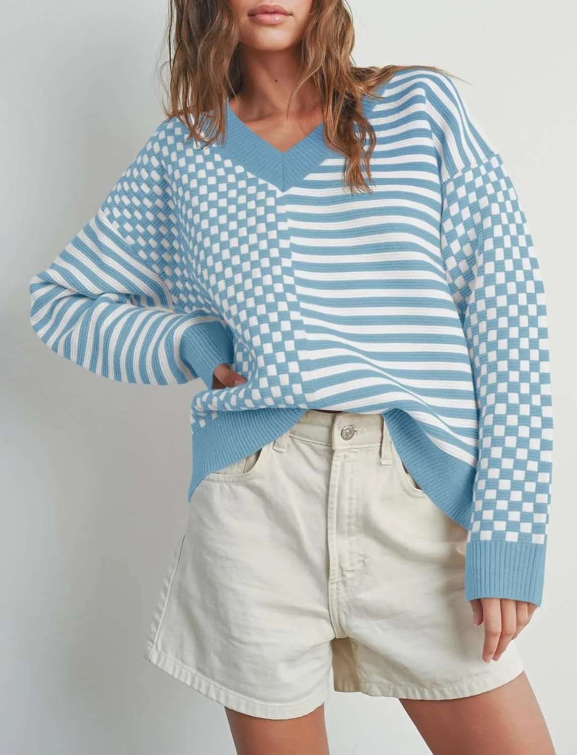 Saodimallsu Womens Checkered Striped Sweater V Neck Long Sleeve 2024 Fall Trendy Loose Knit Cozy Pullover Tops