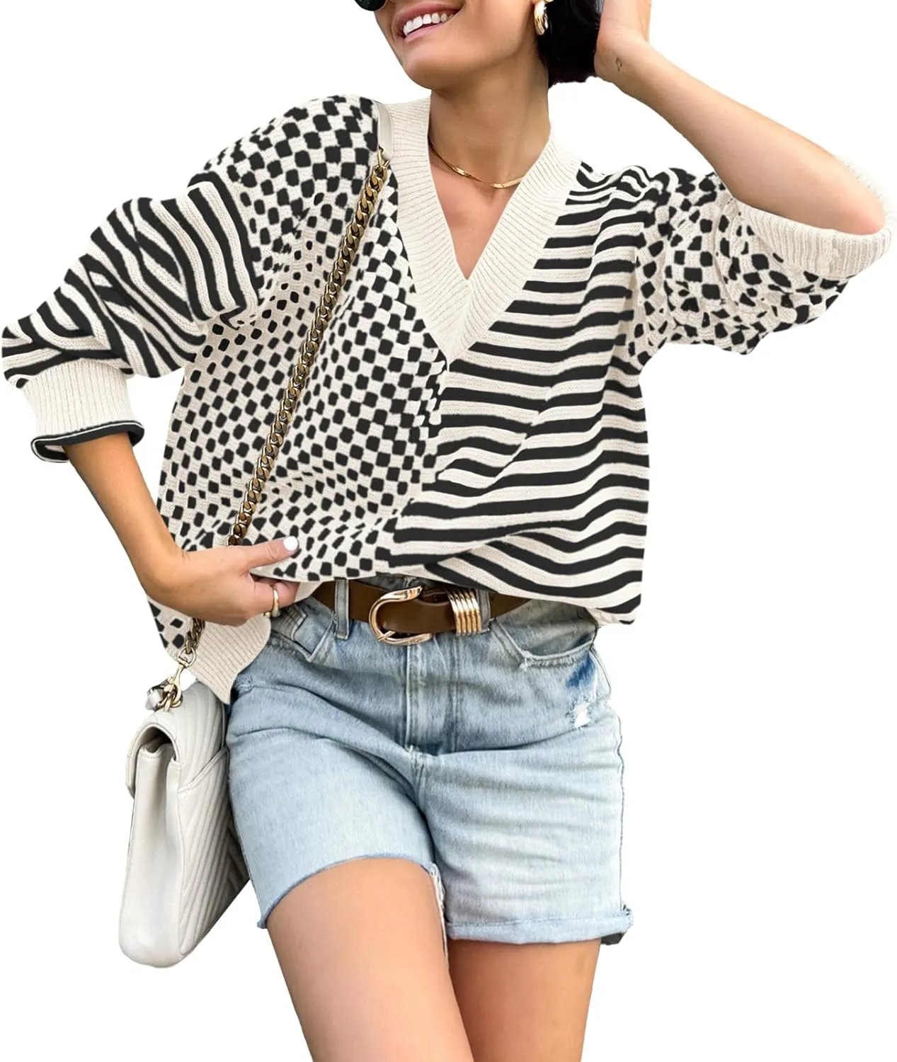Saodimallsu Womens Checkered Striped Sweater V Neck Long Sleeve 2024 Fall Trendy Loose Knit Cozy Pullover Tops