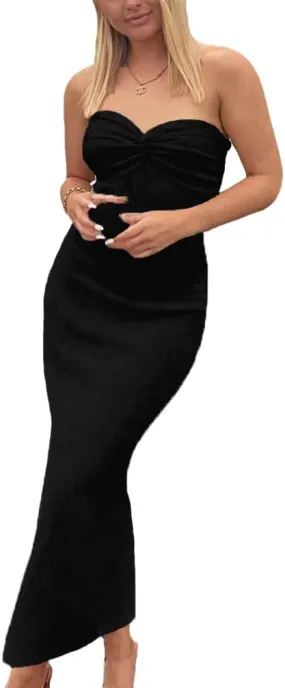 Sdencin Women Sexy Twist Knot Front Ribbed Knit Bodycon Bandeau Tube Dress Casual Solid Strapless Maxi Long Dress
