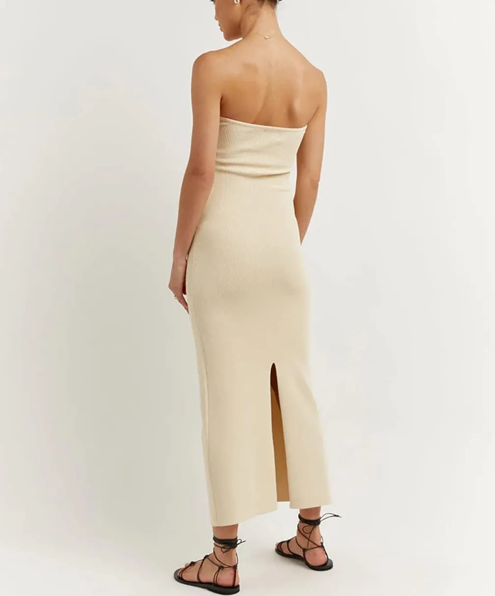Sdencin Women Sexy Twist Knot Front Ribbed Knit Bodycon Bandeau Tube Dress Casual Solid Strapless Maxi Long Dress