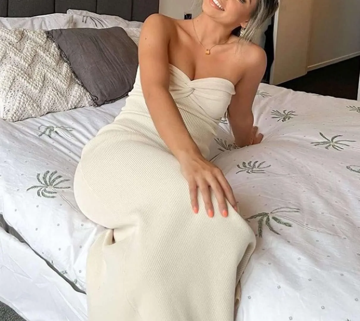 Sdencin Women Sexy Twist Knot Front Ribbed Knit Bodycon Bandeau Tube Dress Casual Solid Strapless Maxi Long Dress