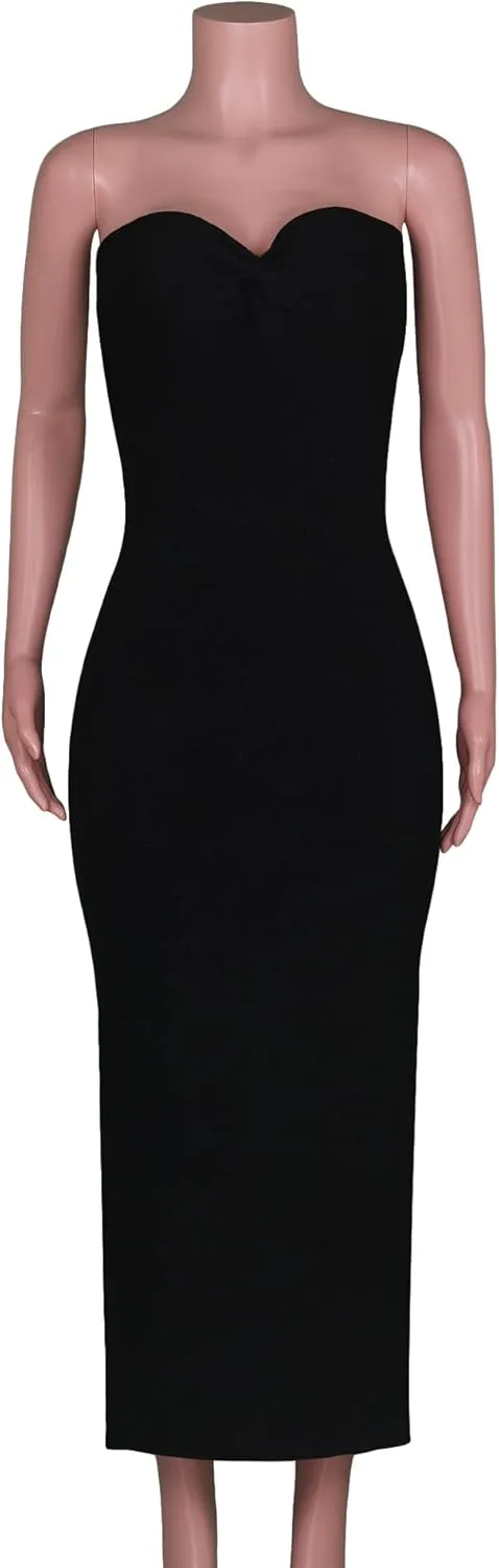 Sdencin Women Sexy Twist Knot Front Ribbed Knit Bodycon Bandeau Tube Dress Casual Solid Strapless Maxi Long Dress