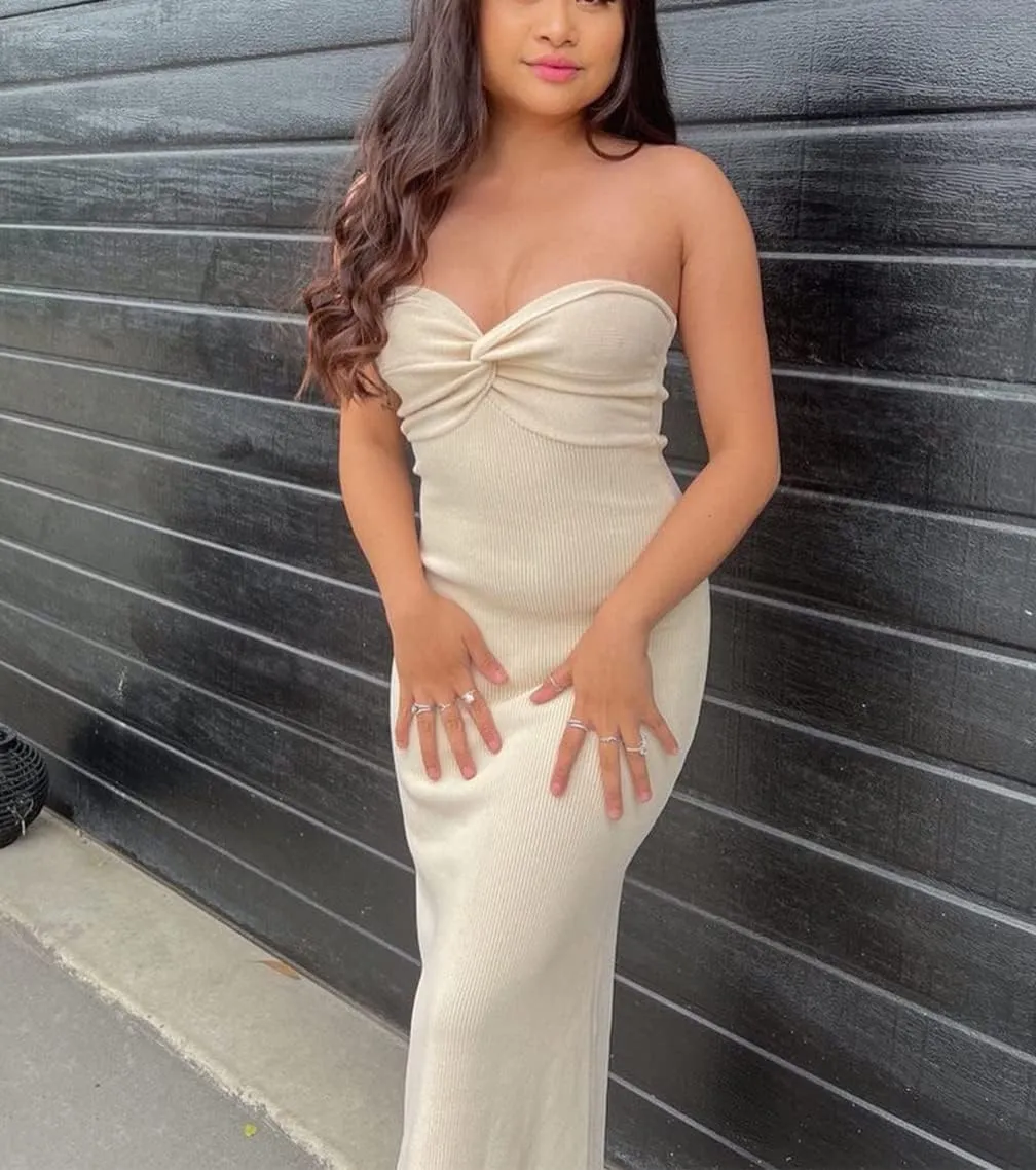 Sdencin Women Sexy Twist Knot Front Ribbed Knit Bodycon Bandeau Tube Dress Casual Solid Strapless Maxi Long Dress