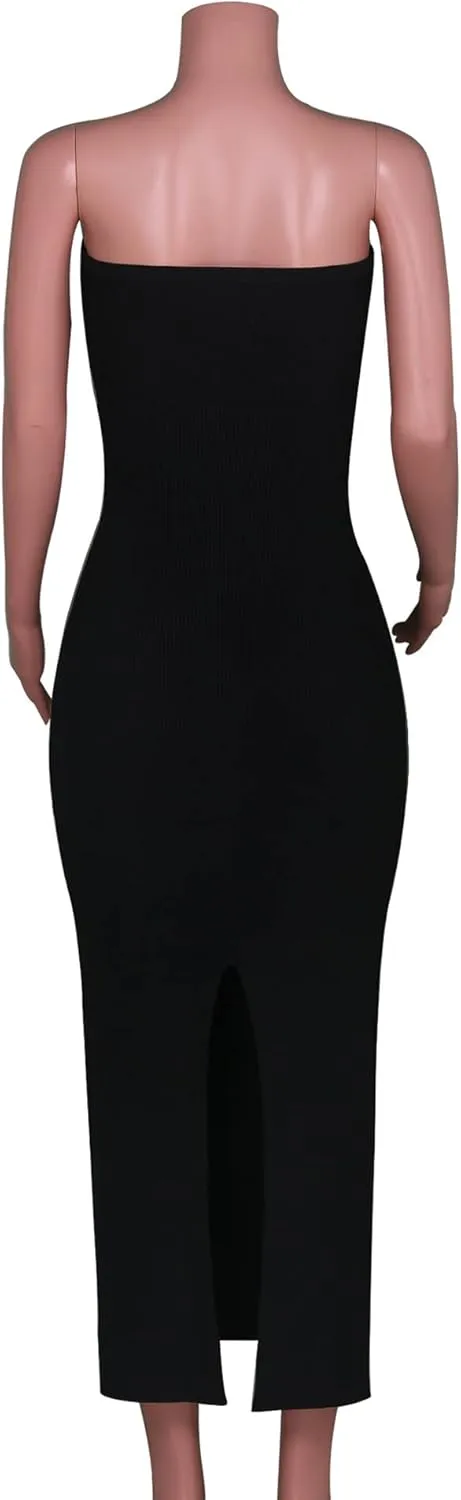 Sdencin Women Sexy Twist Knot Front Ribbed Knit Bodycon Bandeau Tube Dress Casual Solid Strapless Maxi Long Dress