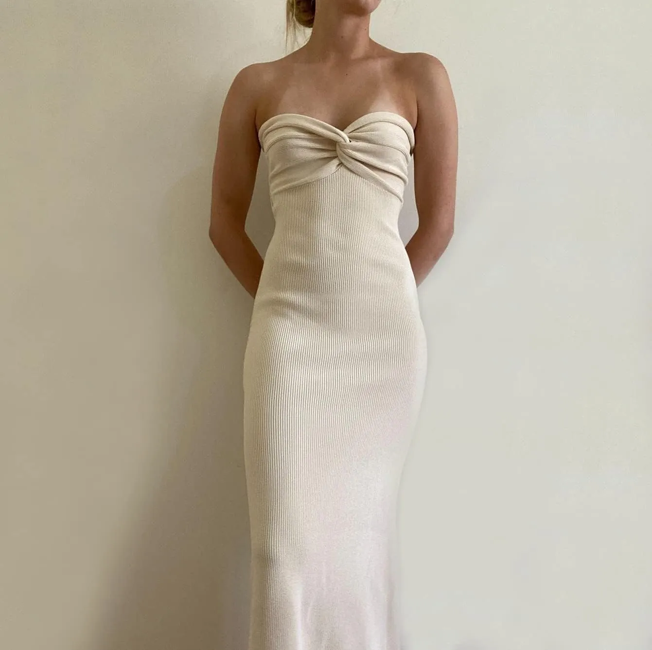 Sdencin Women Sexy Twist Knot Front Ribbed Knit Bodycon Bandeau Tube Dress Casual Solid Strapless Maxi Long Dress