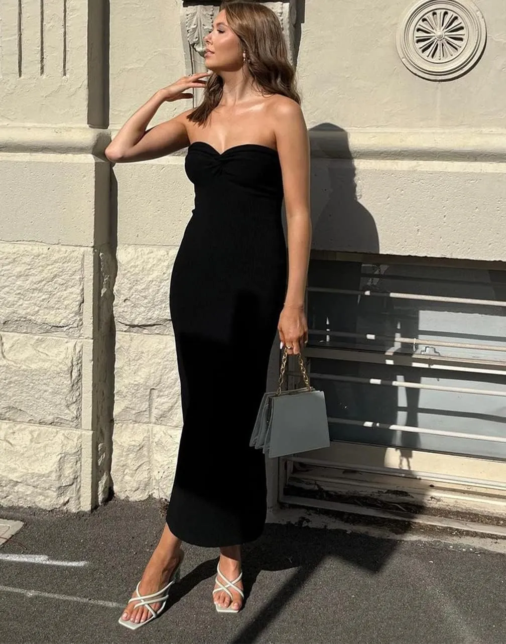 Sdencin Women Sexy Twist Knot Front Ribbed Knit Bodycon Bandeau Tube Dress Casual Solid Strapless Maxi Long Dress