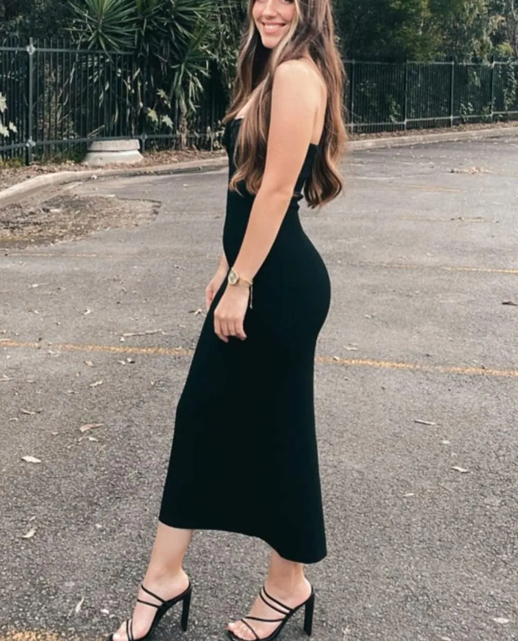 Sdencin Women Sexy Twist Knot Front Ribbed Knit Bodycon Bandeau Tube Dress Casual Solid Strapless Maxi Long Dress