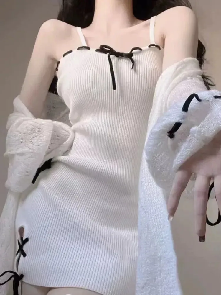 Sexy Bodycon Knit Slip Mini Dress Knitted Sweet Spring Autumn Spaghetti Strap Short Dresses Party Kawaii Y2k Outfits