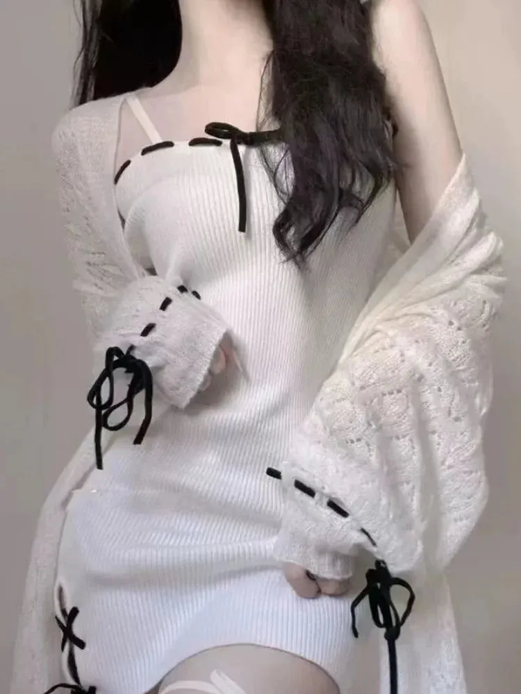 Sexy Bodycon Knit Slip Mini Dress Knitted Sweet Spring Autumn Spaghetti Strap Short Dresses Party Kawaii Y2k Outfits